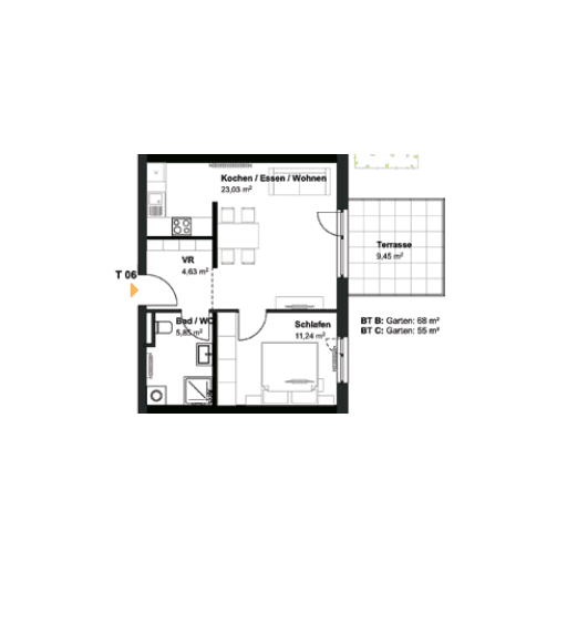 Grundriss einer Wohnung mit offenem Wohn-Essbereich, Schlafzimmer, Bad und einer Terrasse.