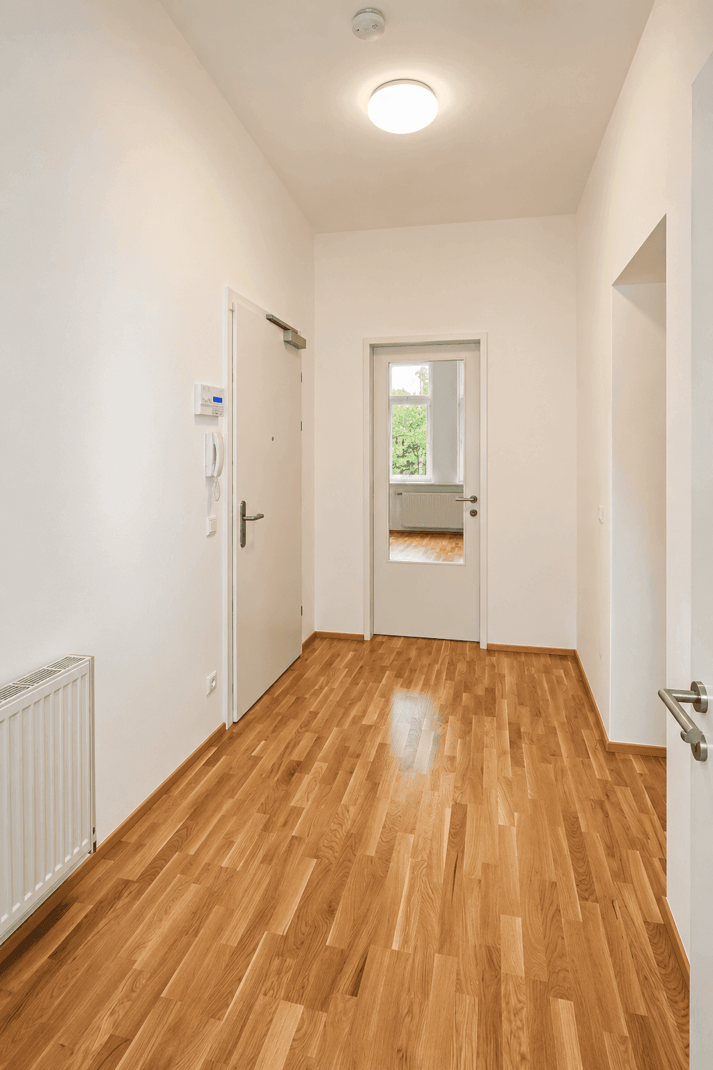 Heller Flur mit Parkettboden, weiß gestrichenen Wänden und Zugang zu den Wohnräumen.