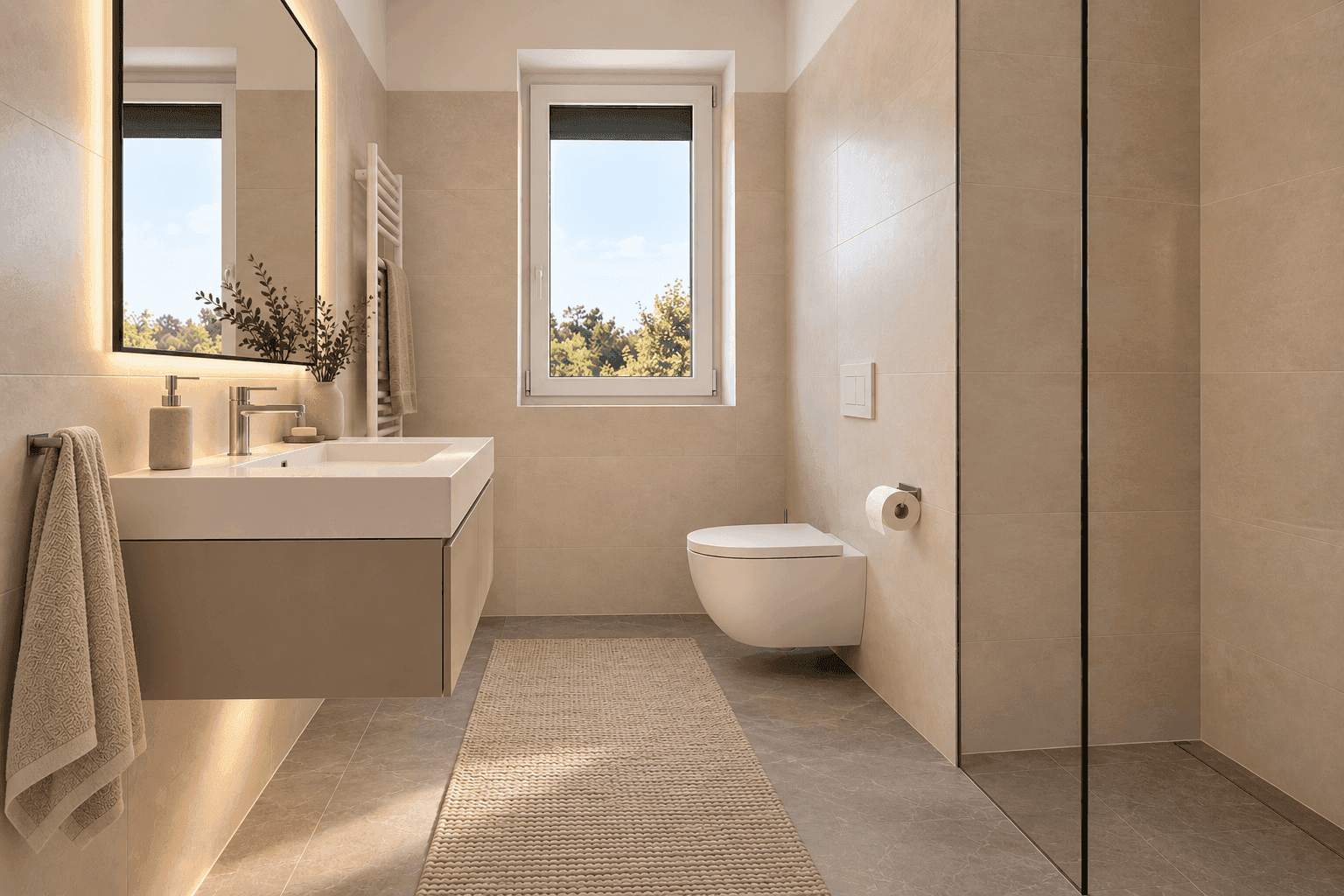 Modernes Badezimmer mit ebenerdiger Dusche, Einzelwaschbecken, WC und Fenster.