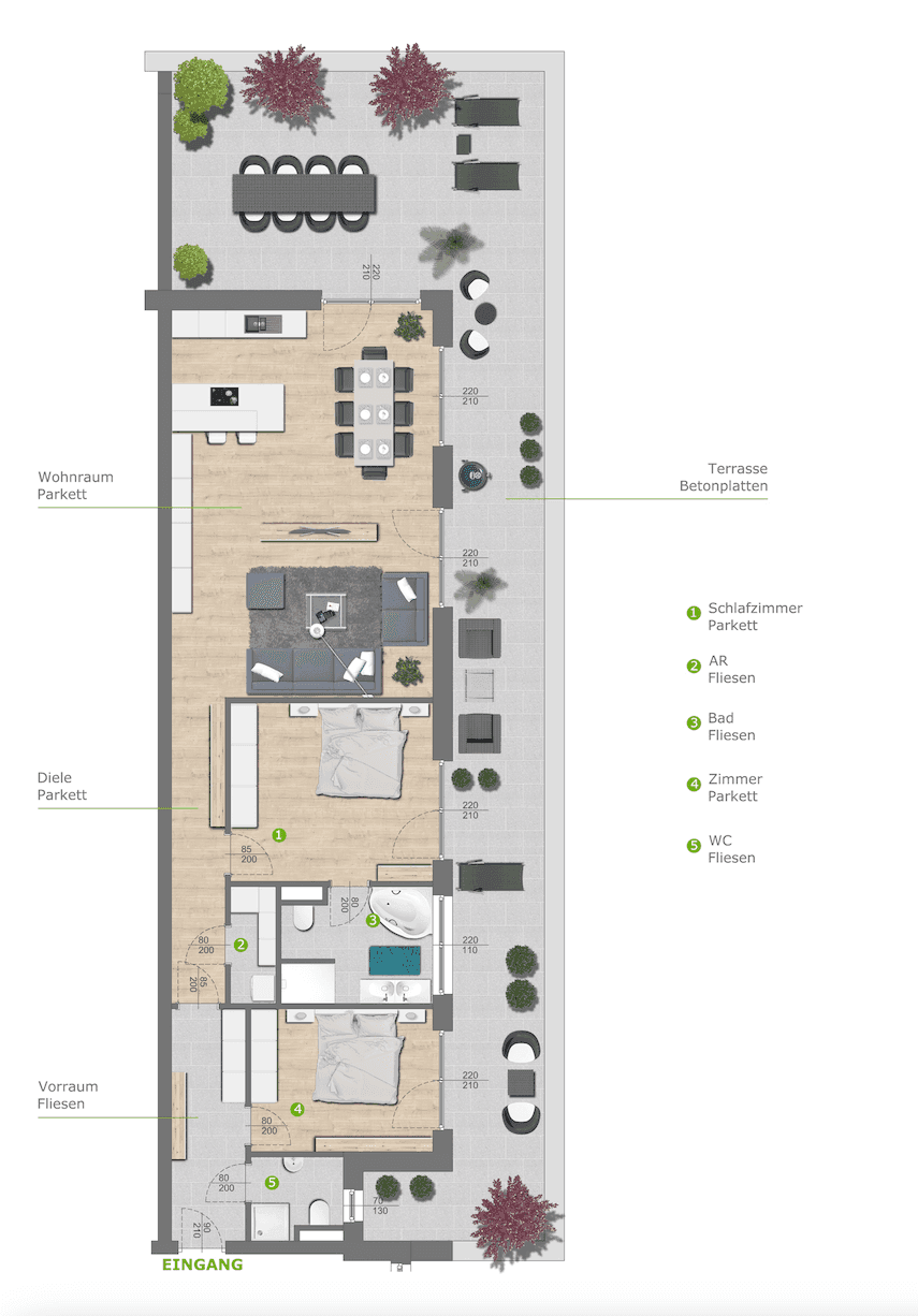 Detaillierter Grundriss einer Wohnung mit offener Wohnküche, zwei Schlafzimmern und großer Terrasse.