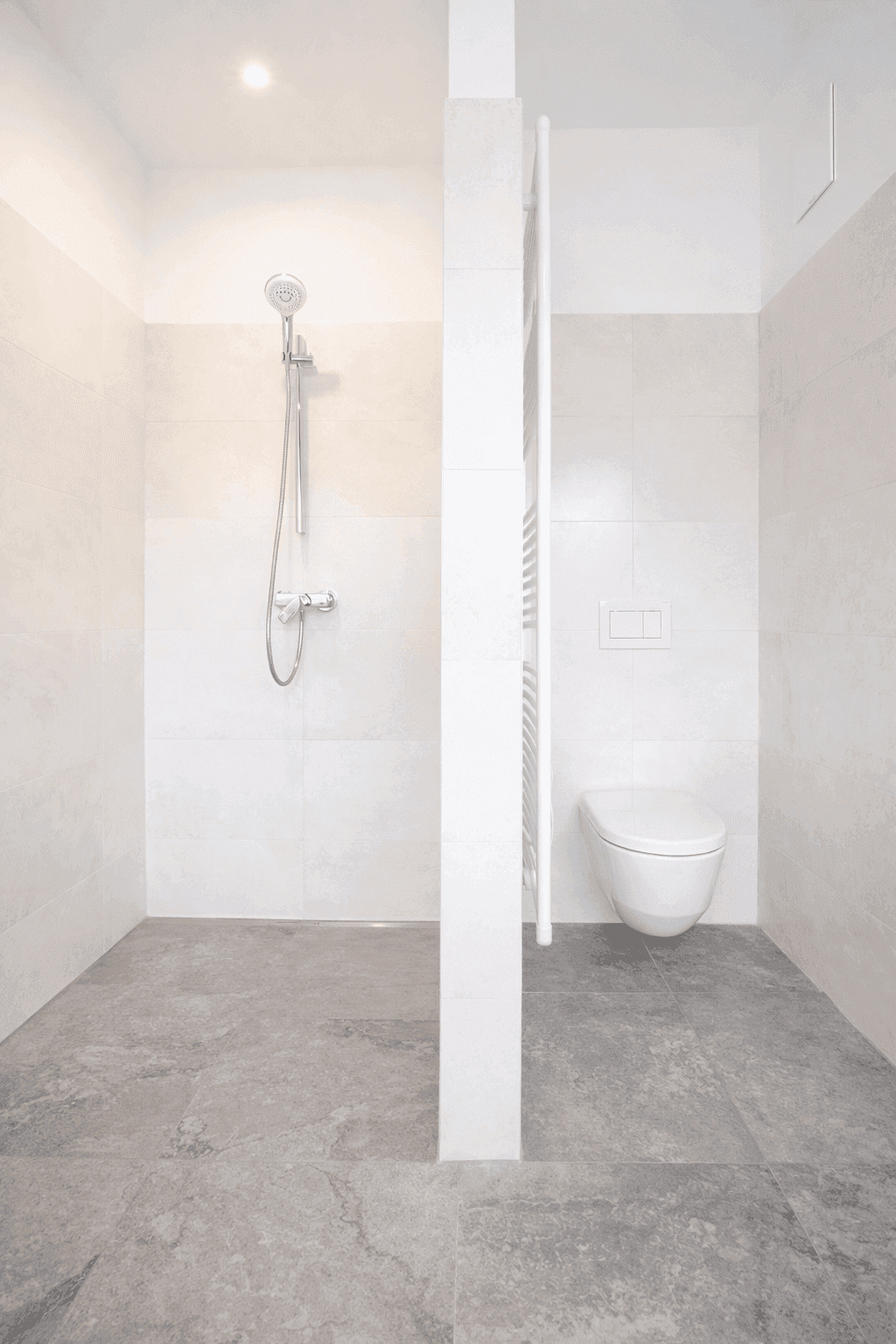 Modernes Badezimmer mit ebenerdiger Dusche, wandhängendem WC und Handtuchheizkörper.