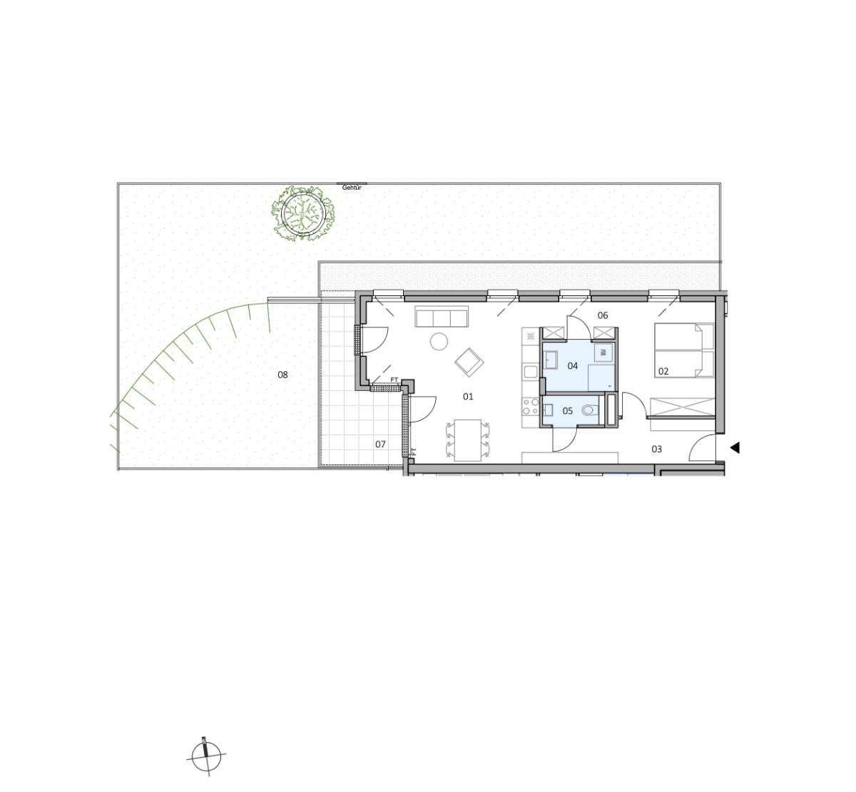 Grundriss einer Erdgeschosswohnung mit offenem Wohnbereich, Schlafzimmer und Garten.