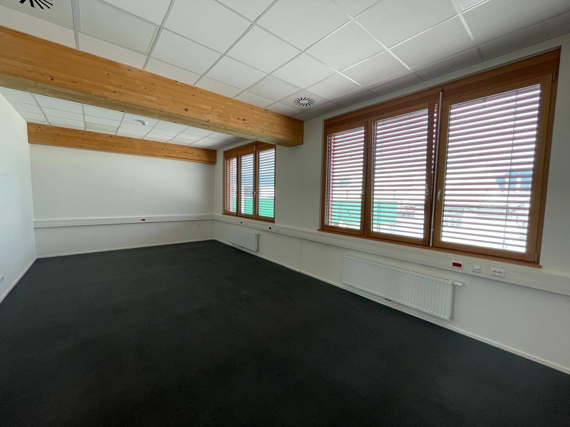 Geräumiges Büro mit dunklem Teppichboden, Holzfenstern mit Jalousien und Holzbalken.