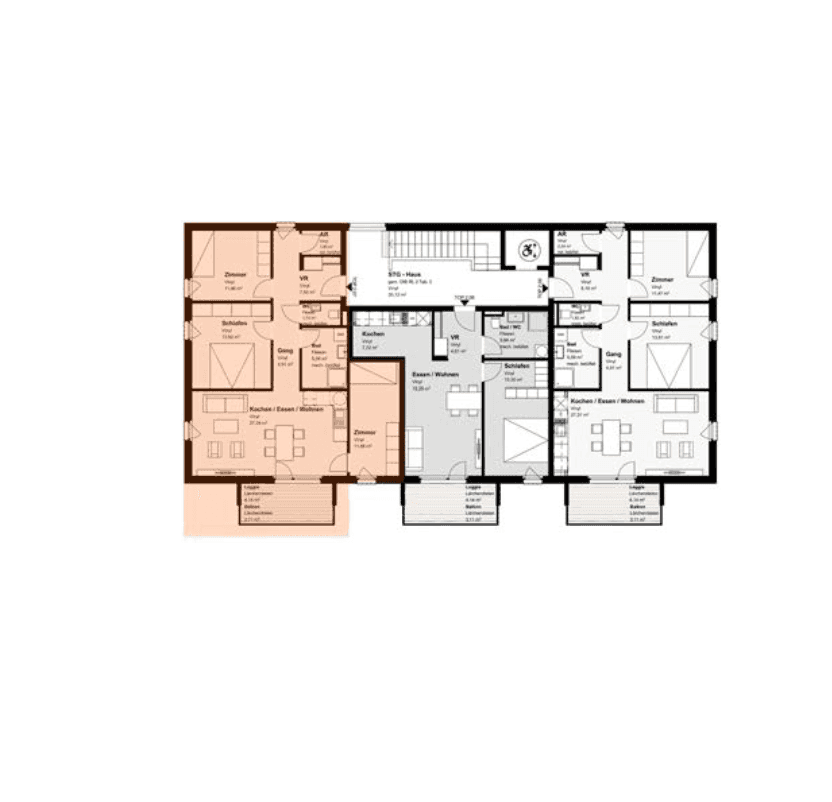 Gesamtgrundriss eines Mehrfamilienhauses mit hervorgehobener Wohneinheit, die einen offenen Wohnbereich und Balkon zeigt.