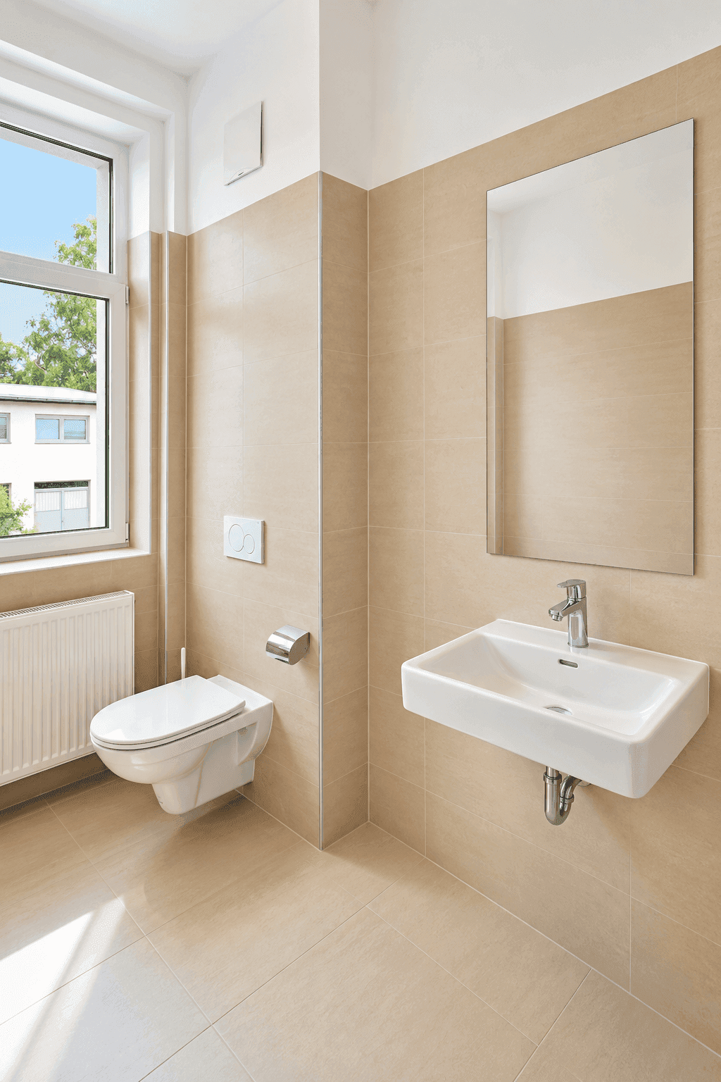 Modernes Gäste-WC mit wandhängendem WC, Waschbecken und Fenster für Belüftung.
