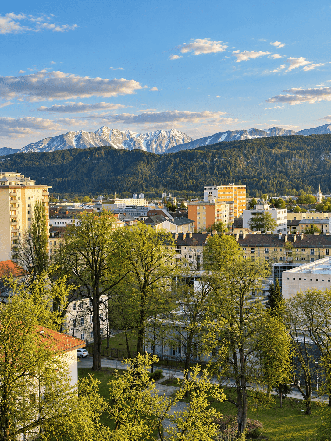 Weitläufige Stadtansicht mit grünen Bäumen im Vordergrund und schneebedeckten Bergen im Hintergrund.