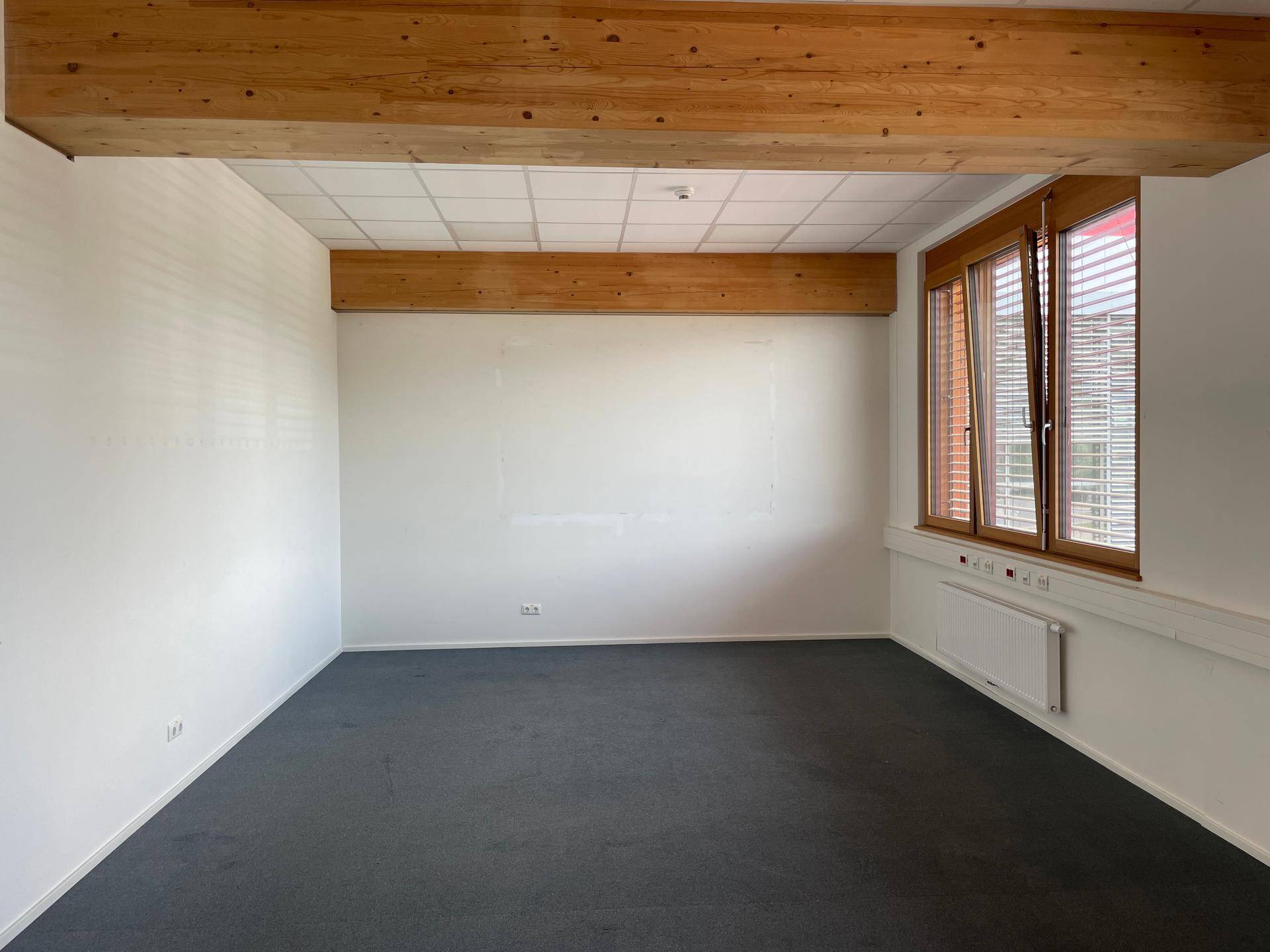 Leeres Büro mit dunklem Teppichboden, Holzfenstern mit Jalousien und sichtbaren Holzbalken.