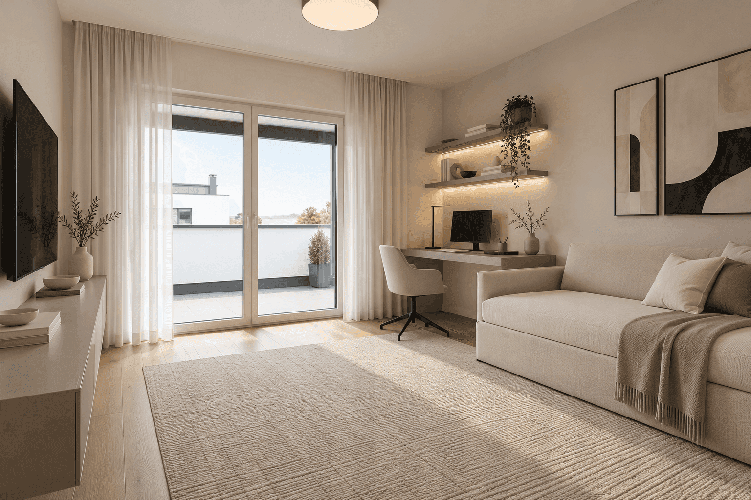 Helles Arbeitszimmer mit Schreibtisch, Sofa und Zugang zu einem Balkon, ideal für Home-Office.