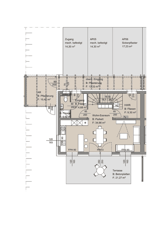 Grundriss des Erdgeschosses mit offenem Wohn-Essbereich, Terrasse und Zugangsbereich.
