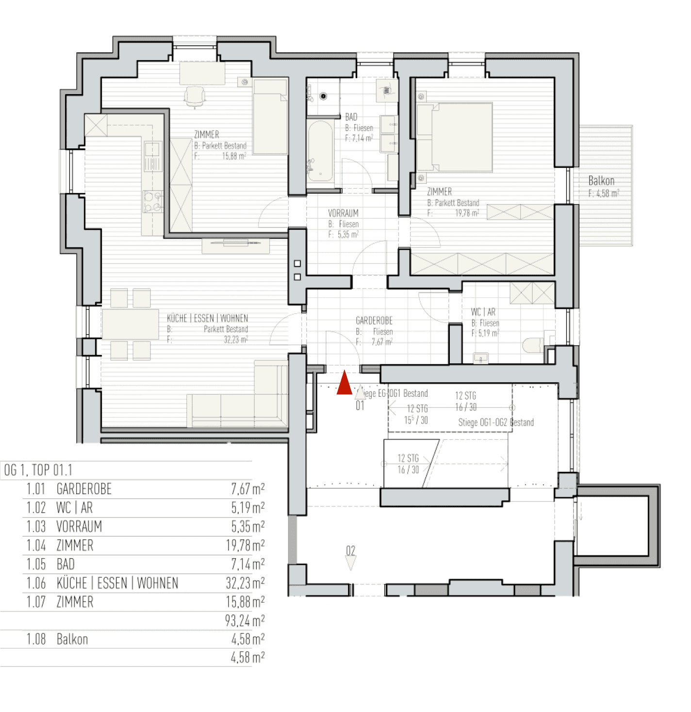 Detaillierter Grundriss einer Wohnung mit offenem Wohnbereich, mehreren Zimmern und Balkon.