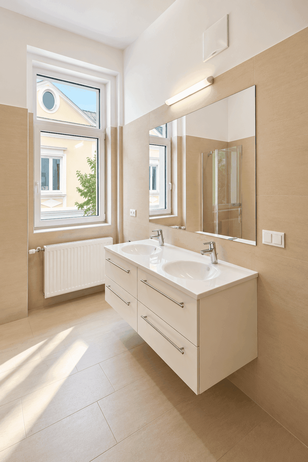 Modernes Badezimmer mit Doppelwaschbecken, großer Spiegelfläche und Fenster für Tageslicht.
