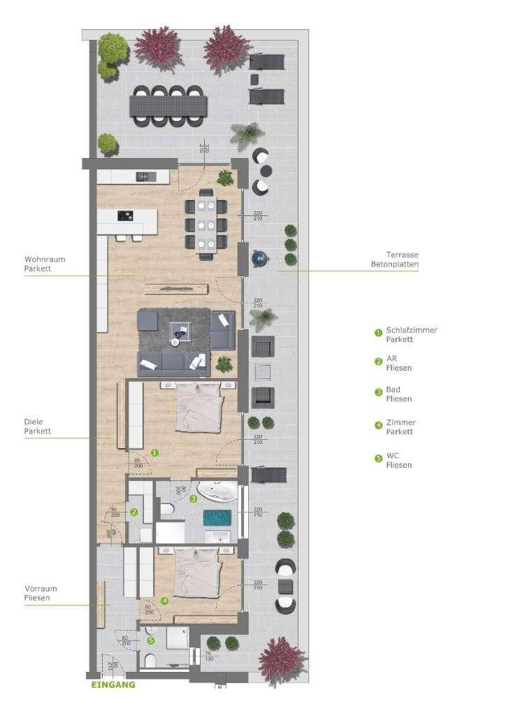 Detaillierter Grundriss einer Wohnung mit langem Layout, großer Terrasse und offener Wohnküche.