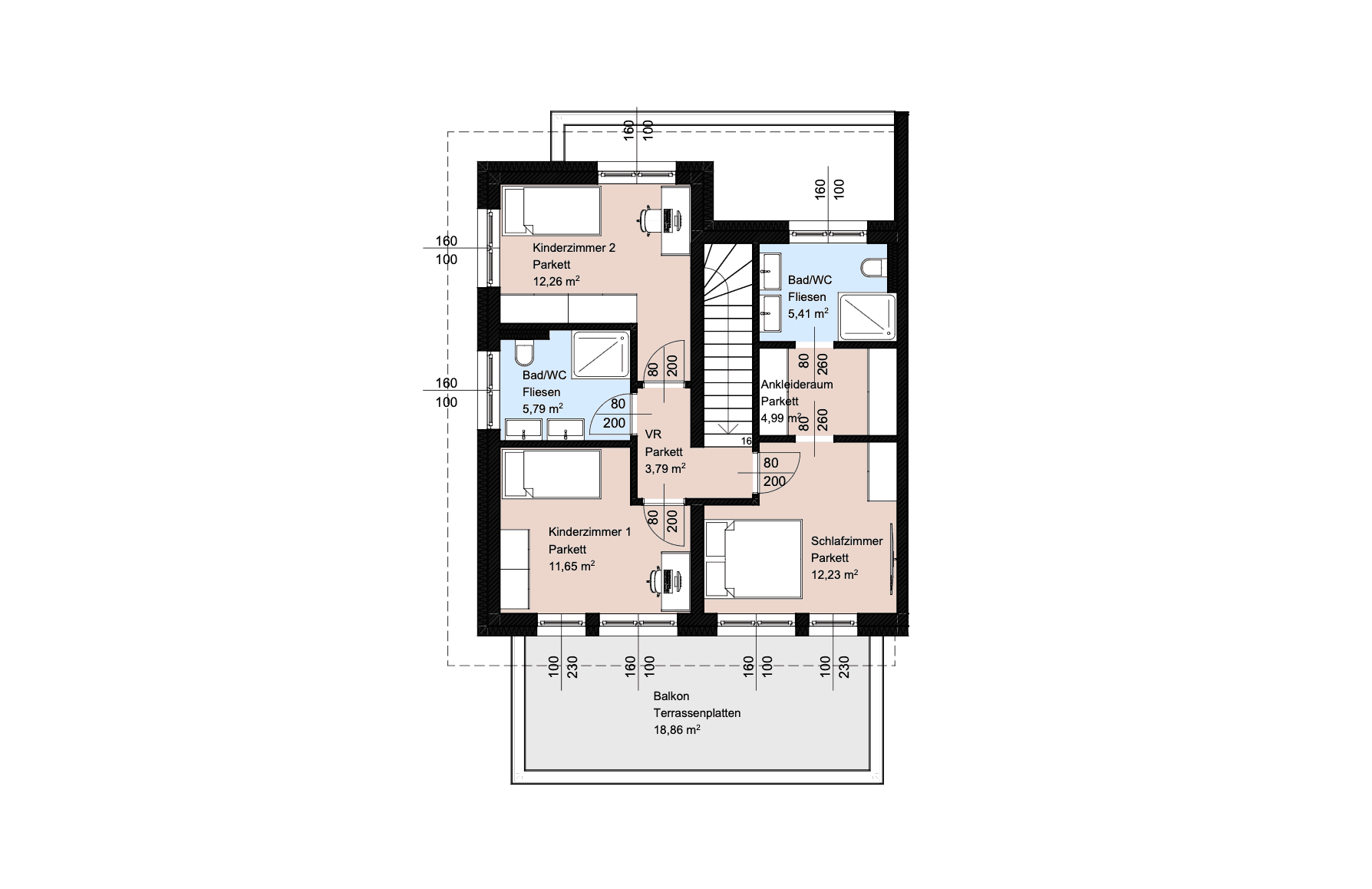 Grundriss des Obergeschosses mit drei Schlafzimmern, zwei Bädern, Ankleidezimmer und Balkon.
