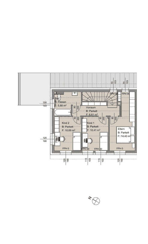 Grundriss des Obergeschosses mit drei Schlafzimmern und einem Badezimmer.