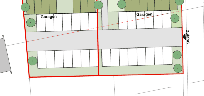 Übersichtsplan mit mehreren Garagenreihen und einer Zufahrt.
