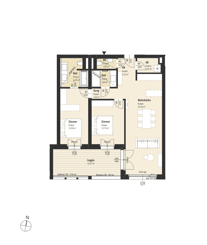 Grundriss einer Wohnung mit zwei Schlafzimmern, zwei Bädern und einer Loggia.