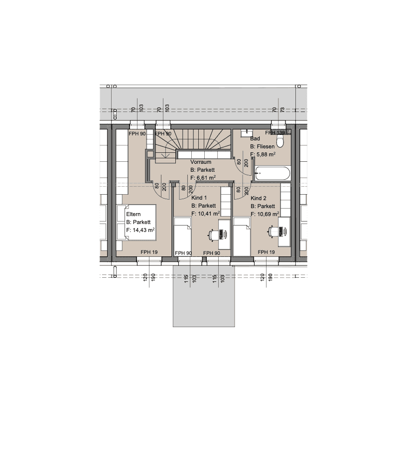 Grundriss des Obergeschosses mit drei Schlafzimmern, Badezimmer und Vorraum.