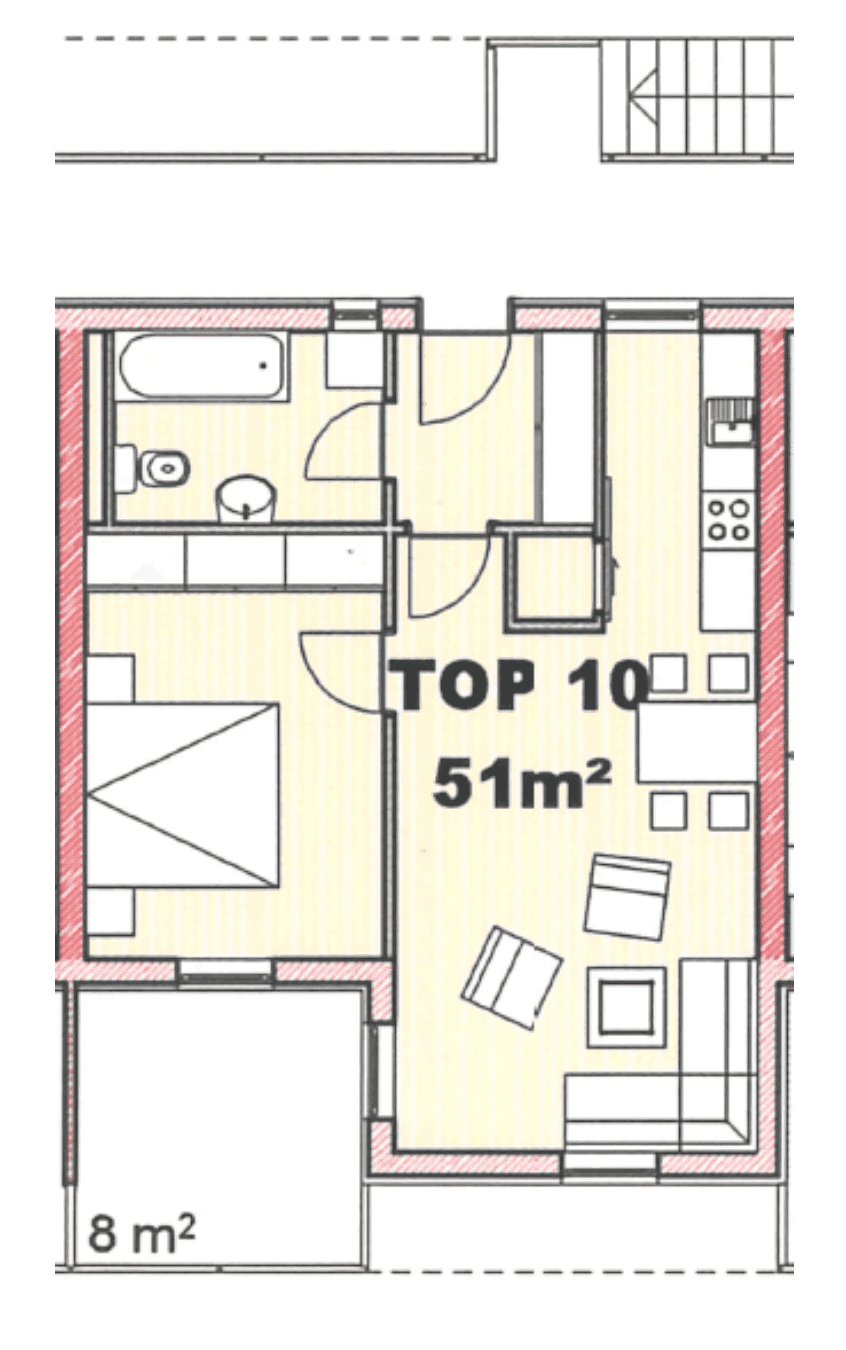 Grundriss für eine 51m² Wohnung mit einem Schlafzimmer, Bad und offenem Wohnbereich.