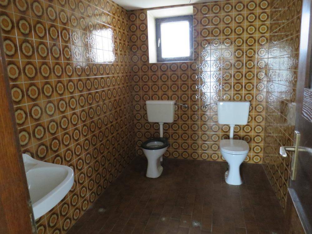 Toilettenraum mit zwei WCs, einem Waschbecken und auffälligen gemusterten Wandfliesen im Vintage-Stil.