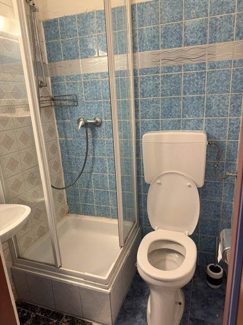 Kleines Badezimmer mit Duschkabine, Toilette und Waschbecken, gefliest in Blau und Weiß.