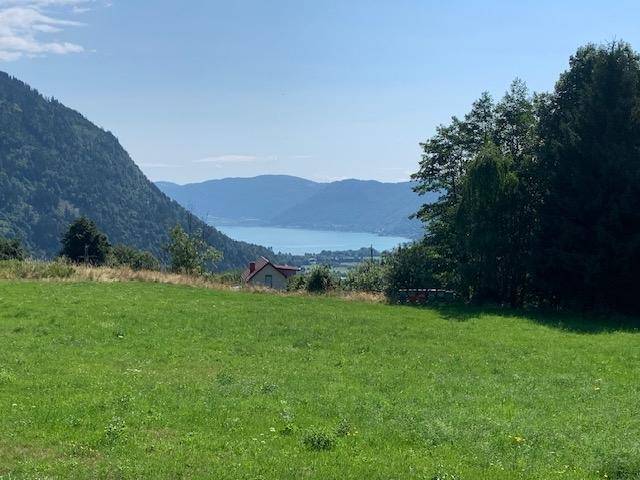 Weitläufige grüne Wiesen mit einem See und Bergen im Hintergrund unter klarem blauem Himmel.