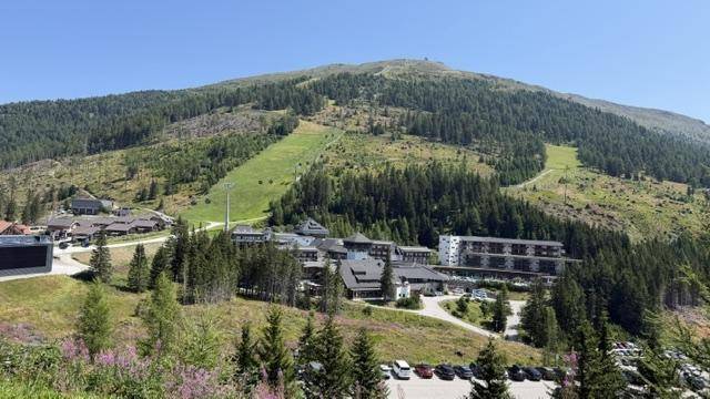 Panoramablick auf eine weitläufige Berglandschaft mit Wald, Skipisten und einer Siedlung im Tal.