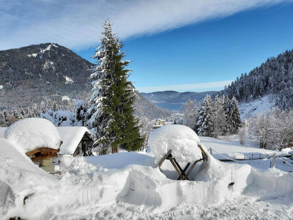 Winterlandschaft mit tief verschneiten Bergen, Bäumen und einem See in der Ferne unter blauem Himmel.