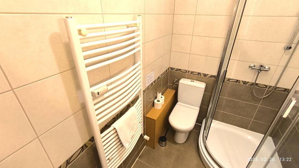 Modernes Badezimmer mit Duschkabine, WC und beheiztem Handtuchhalter.