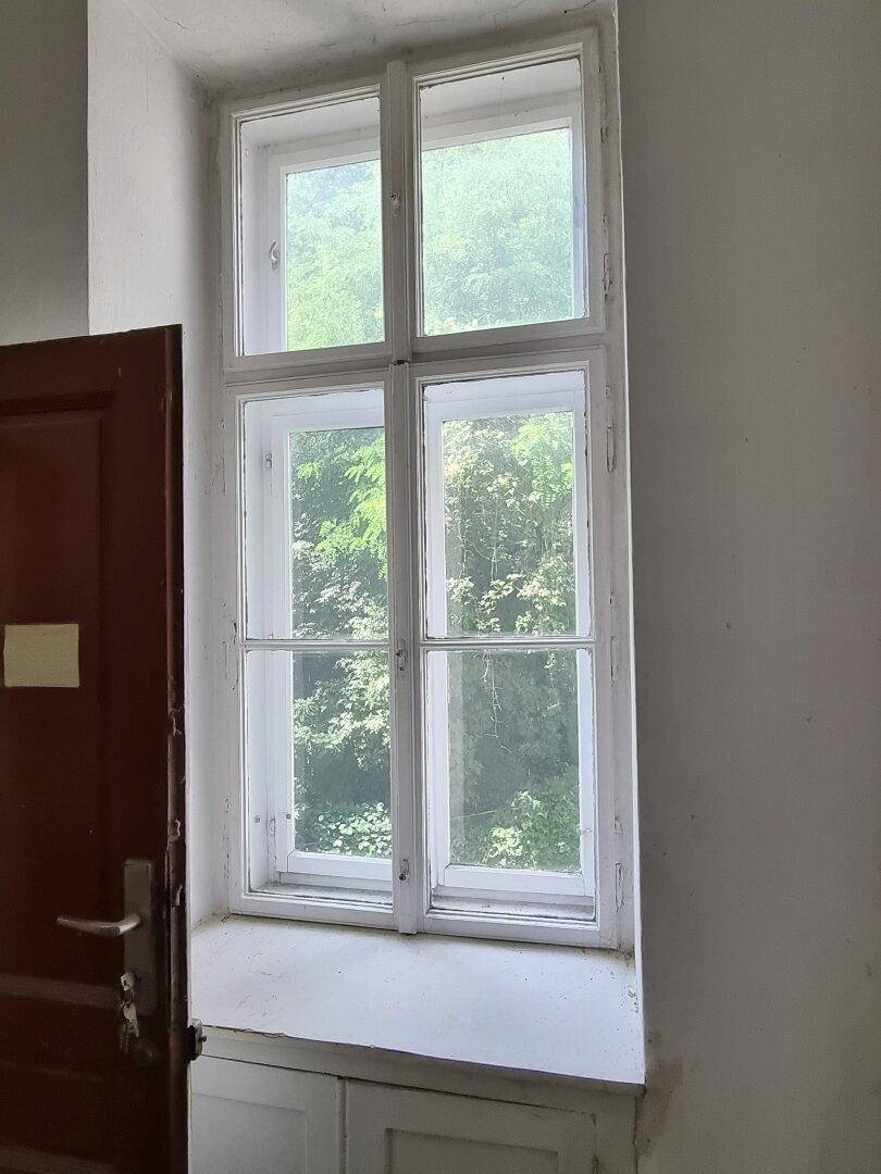 Fenster mit Blick ins Grüne, das viel natürliches Licht in den Raum lässt.