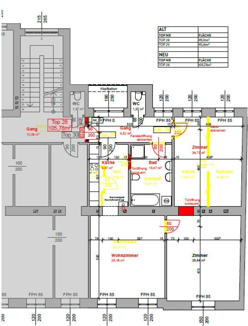 Detaillierter Grundriss mit Zimmern, Küche, Bad und Balkon, inklusive Flächenangaben.