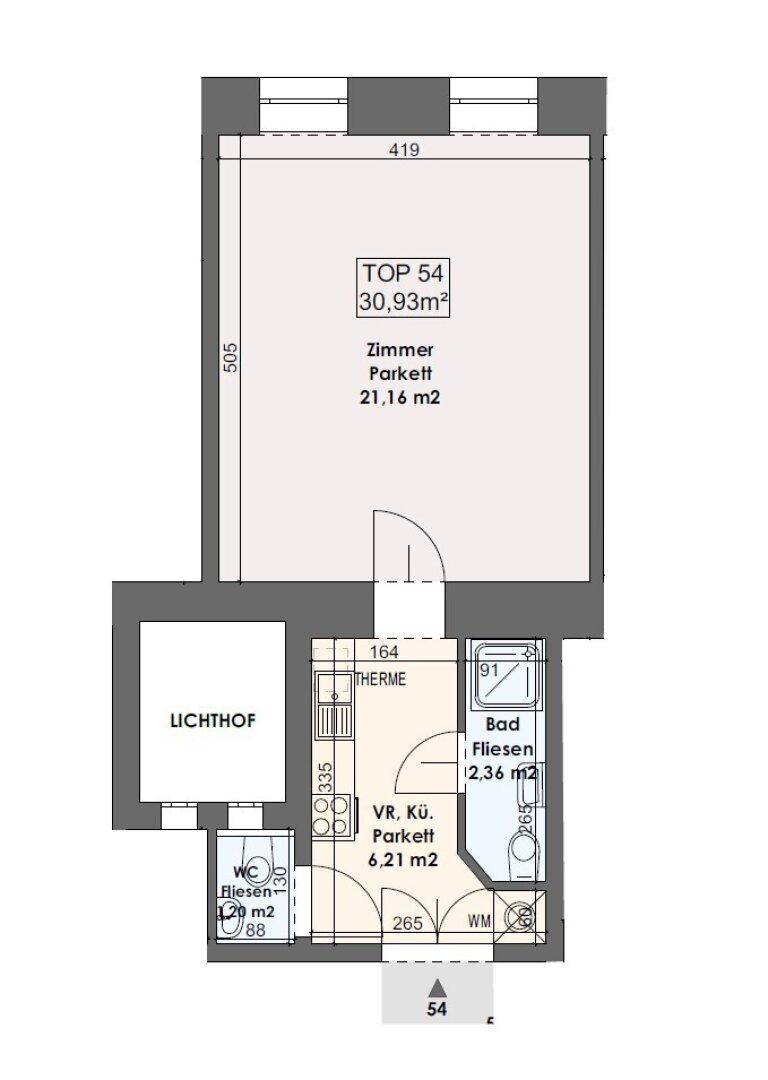 Grundriss einer kleinen Wohnung mit einem Zimmer, Bad, WC und offener Küche.