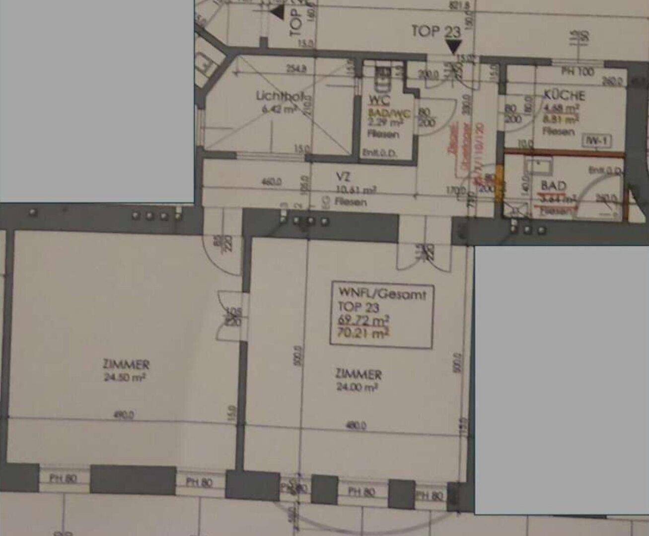 Grundriss einer Wohnung mit Zimmern, Küche und Bad, inklusive Flächenangaben.