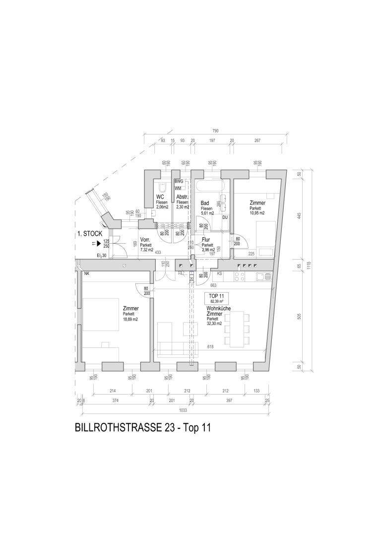 Grundriss der Wohnung Top 11 im ersten Stock mit drei Zimmern und offener Wohnküche.