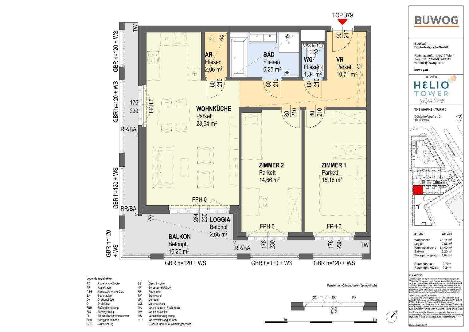 Detaillierter Grundriss einer Wohnung mit Wohnküche, zwei Zimmern, Bad, WC, Balkon und Loggia.