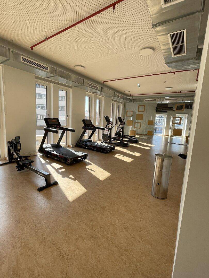 Heller Gemeinschafts-Fitnessraum mit verschiedenen Trainingsgeräten und großen Fenstern für Tageslicht.