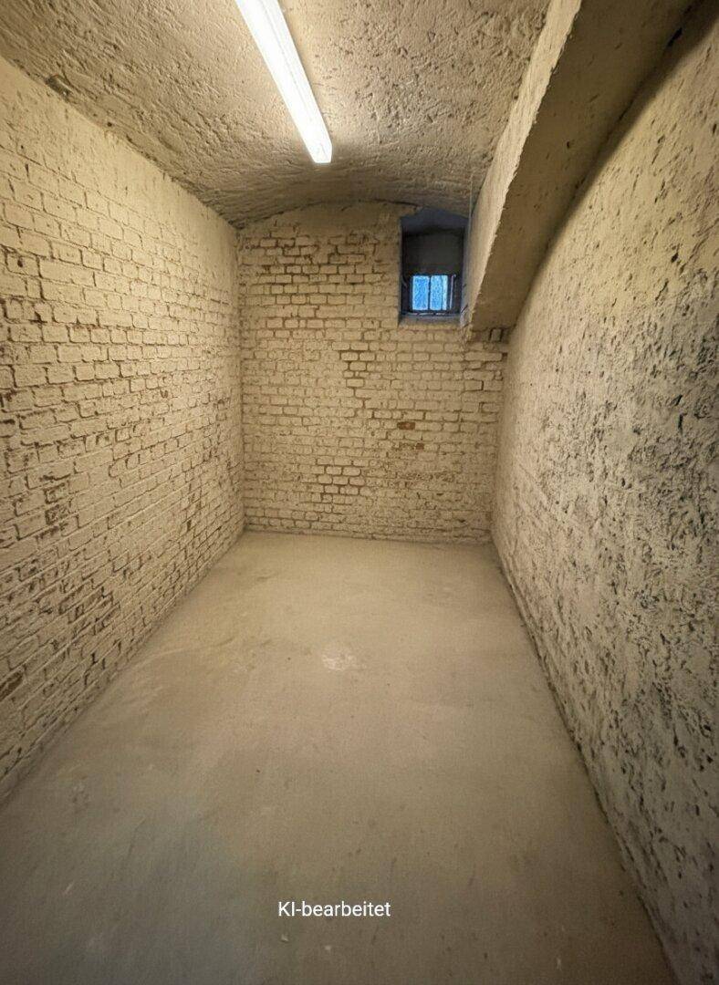 Einfacher Kellerraum mit Ziegelwänden, Betonboden und kleinem Fenster.
