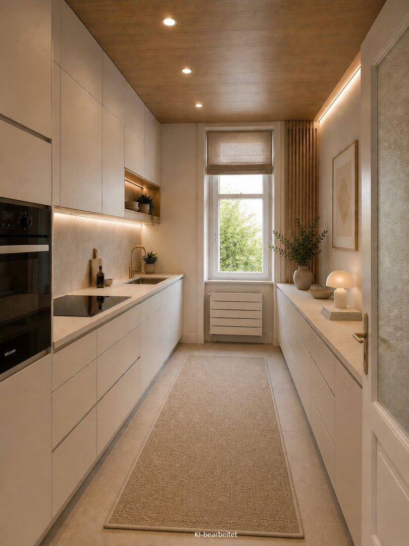 Moderne Küche mit weißen Schränken, Holzdecke und integrierten Geräten.
