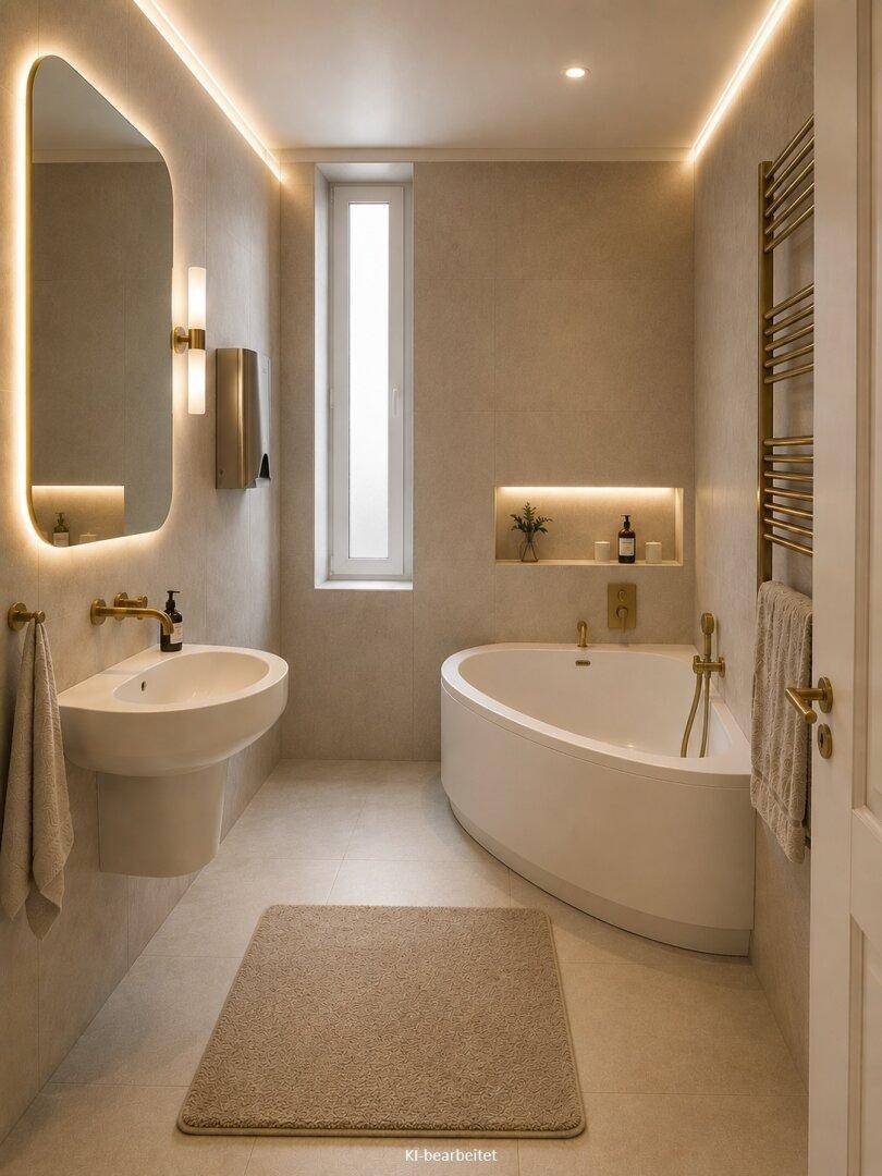 Modernes Badezimmer mit Badewanne, Waschtisch, beheiztem Handtuchhalter und indirekter Beleuchtung.