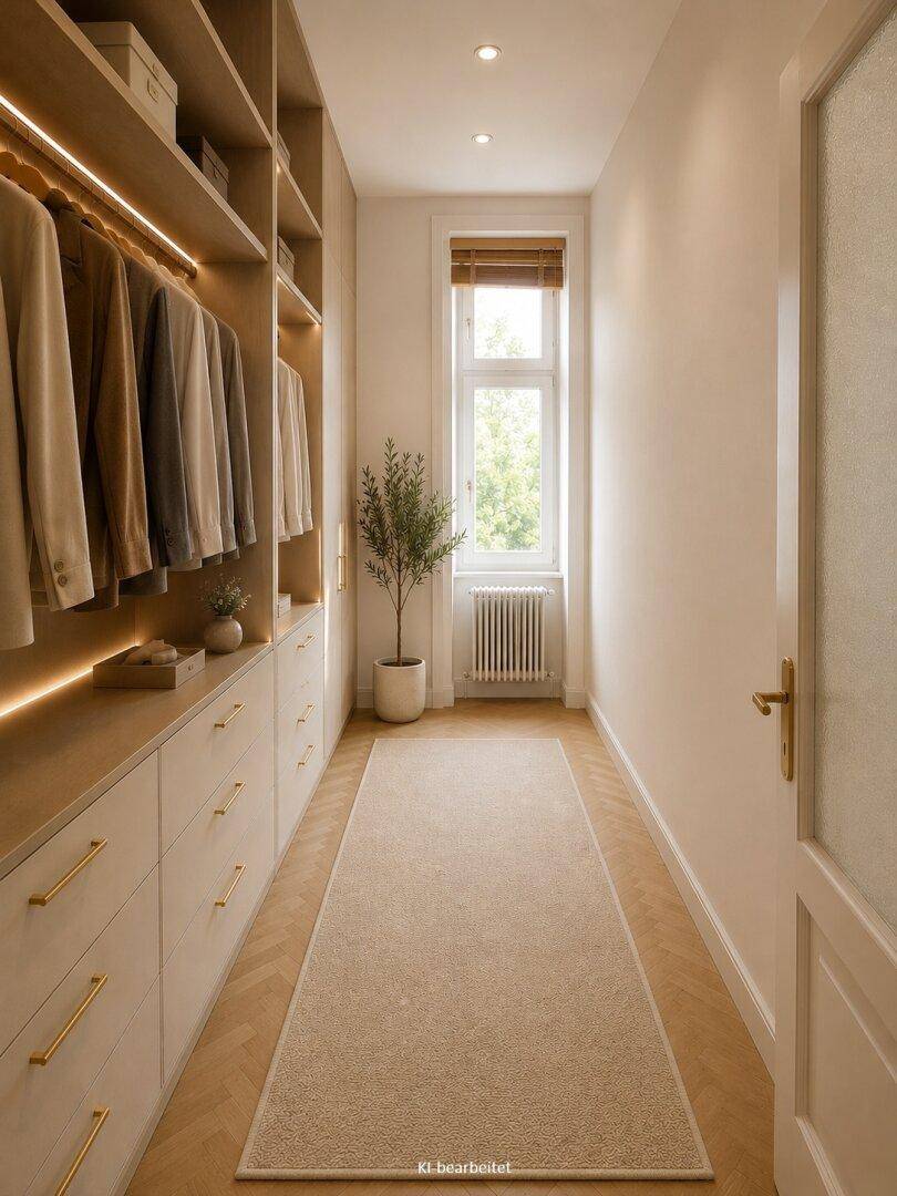 Heller begehbarer Kleiderschrank mit integrierten Regalen und Fenster für Tageslicht.