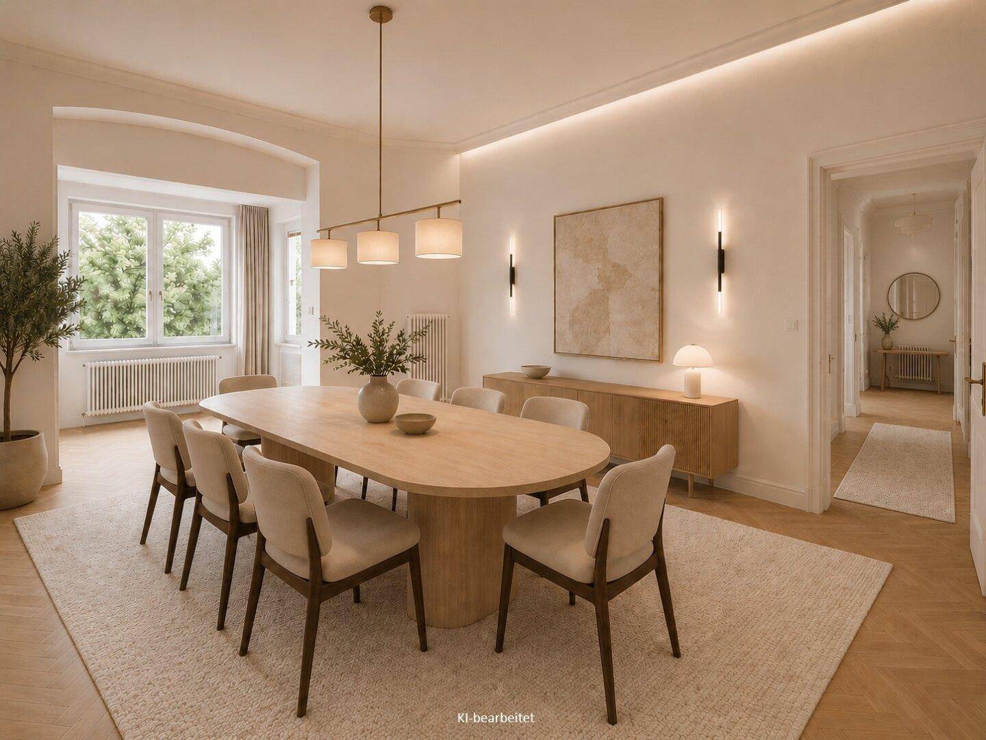 Eleganter Essbereich mit großem Holztisch, modernen Stühlen und Parkettboden.