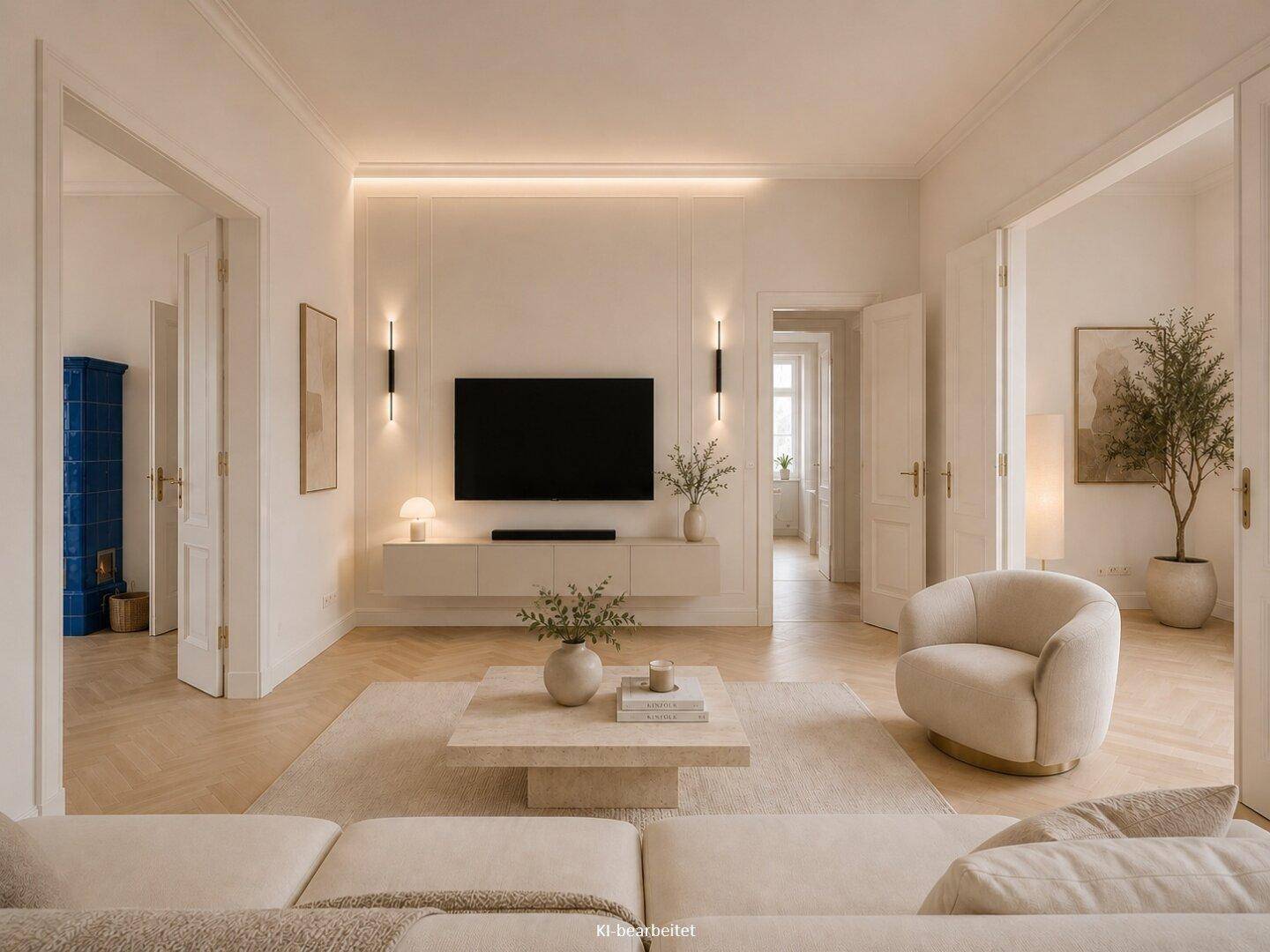 Helles Wohnzimmer mit modernem Design, Parkettboden und Zugang zu weiteren Räumen.