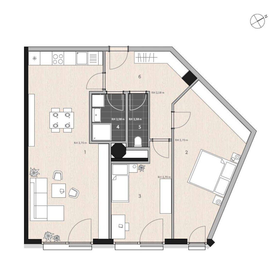 Grundriss einer Wohnung mit offenem Wohnbereich, zwei Schlafzimmern und zwei Bädern.