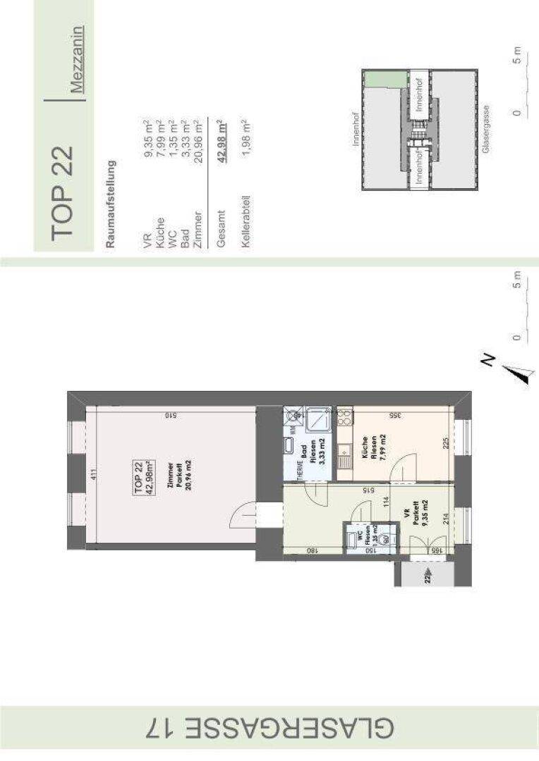 Grundriss der Wohnung Top 22 im Mezzanin mit Raumaufteilung und Flächenangaben.