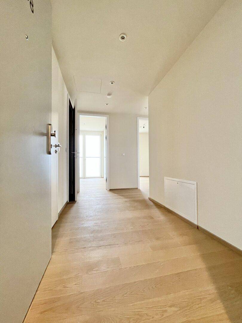 Eingangsflur mit hellem Holzboden und weiß gestrichenen Wänden, der einen einladenden Eindruck vermittelt.