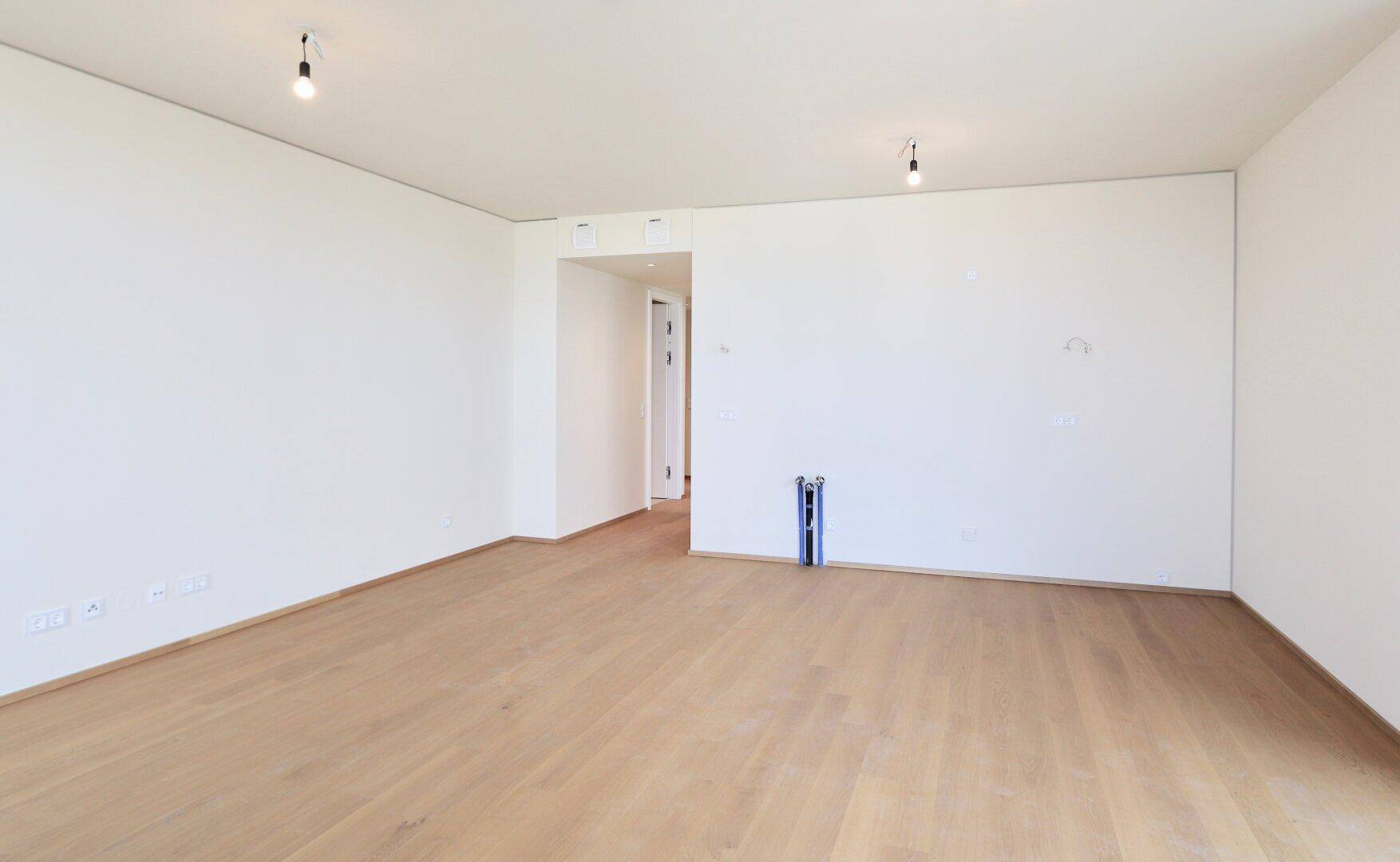 Leerer Raum mit hellem Holzboden und weiß gestrichenen Wänden, bereit zur individuellen Gestaltung.