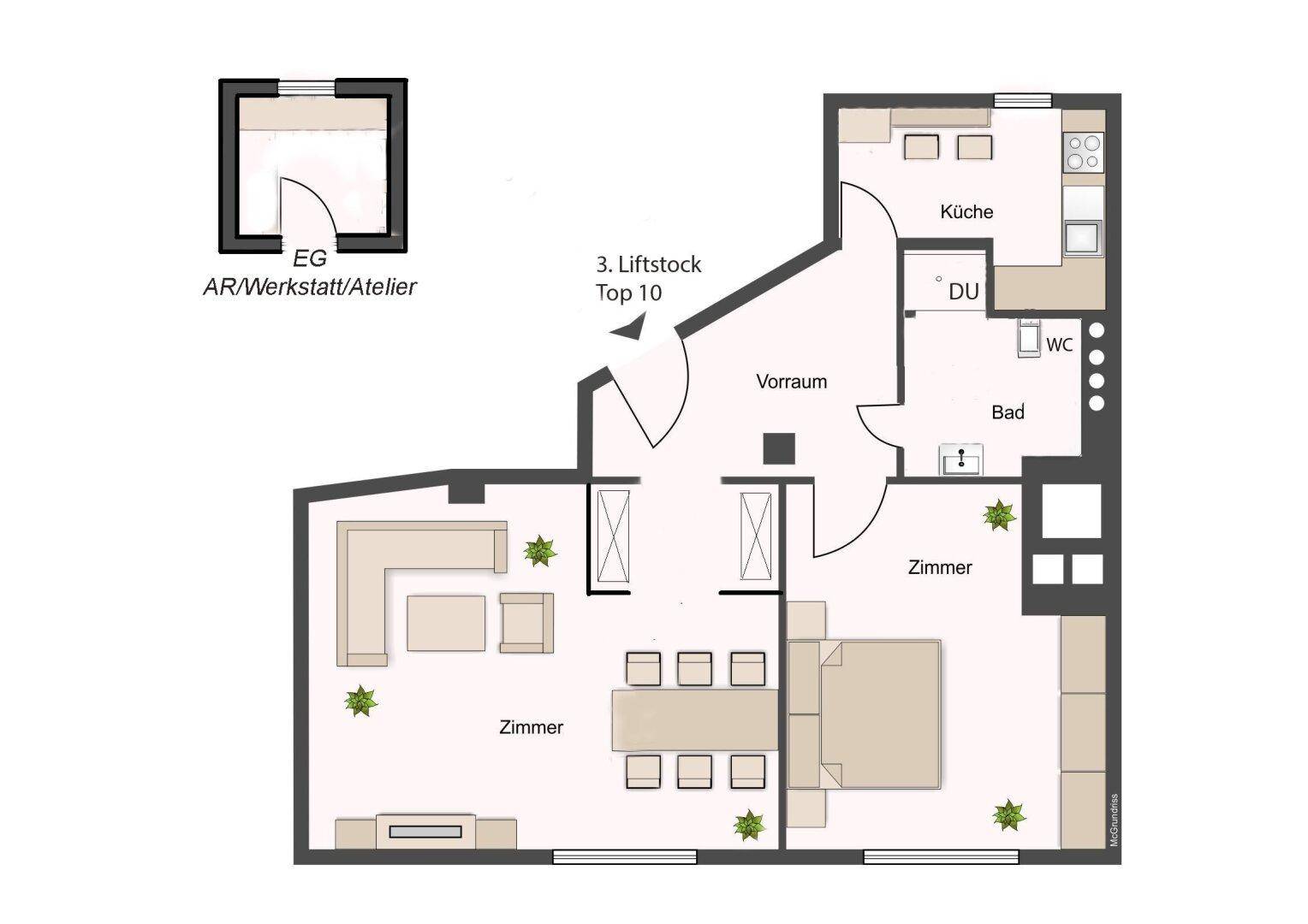 Grundriss der Wohnung im 3. Liftstock, Top 10, mit mehreren Zimmern und Bad.