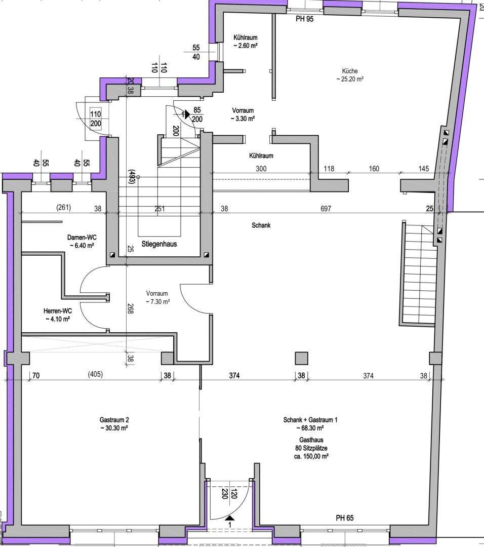 Grundriss einer Gewerbefläche mit Gasträumen, Kühlräumen, Küche und Toiletten.