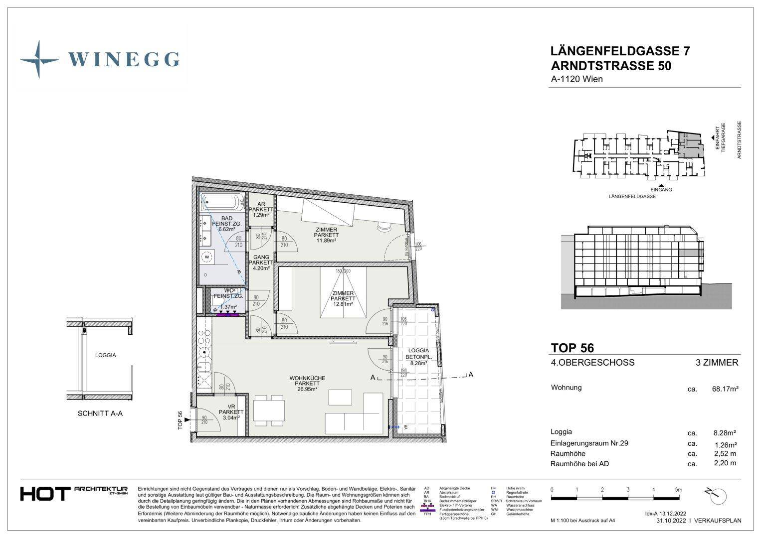 Grundriss einer 3-Zimmer-Wohnung im 4. Obergeschoss mit offener Wohnküche, zwei Schlafzimmern, Bad und Loggia.