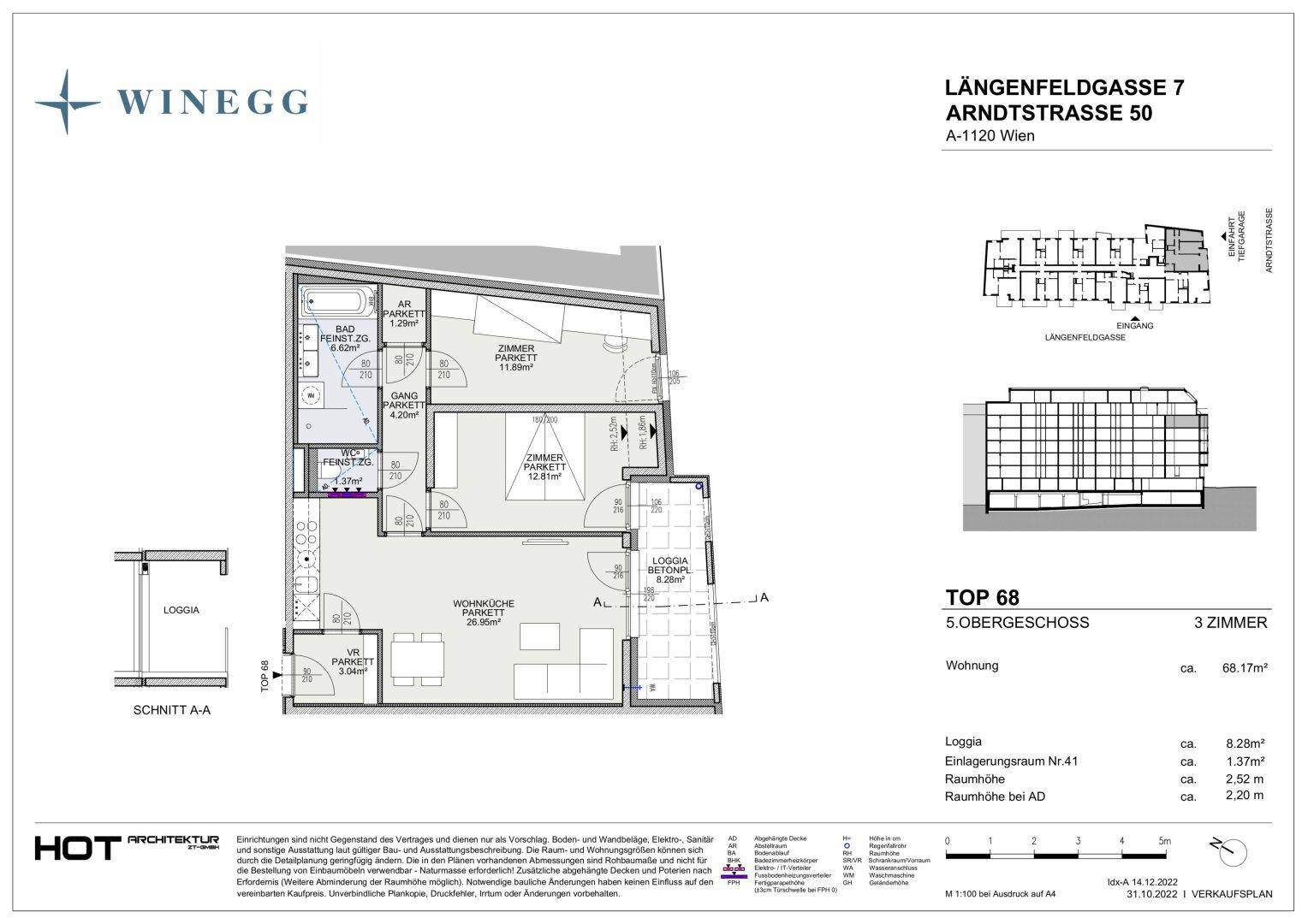 Grundriss der Wohnung Top 68 im 5. Obergeschoss mit drei Zimmern und Loggia.