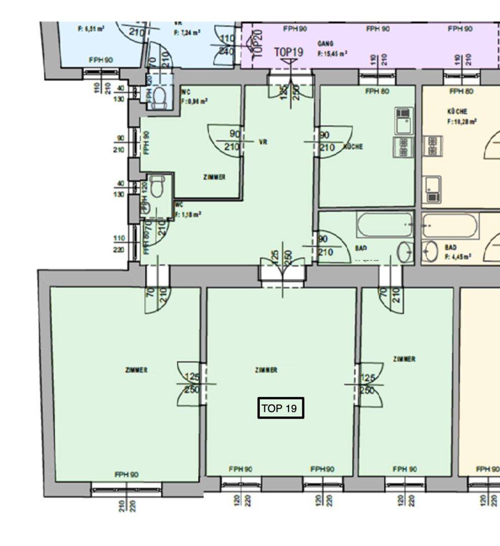 Grundriss der Wohnung TOP 19 mit mehreren Zimmern, Bad und Küche.